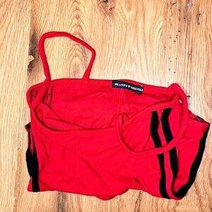 Brandy Melville Red Ribbed Bodysuit with Black Stripe Detail